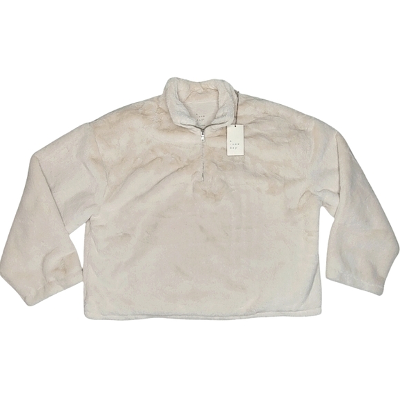 A New Day Womens Large Faux Fur Cream Sweatshirt Jacket Coat SOFT Pullover NWT - Picture 1 of 9